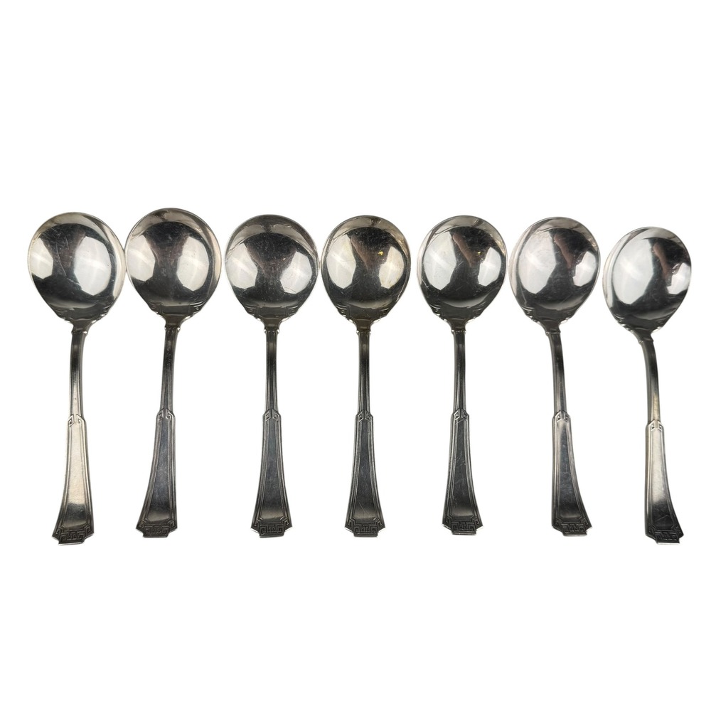 1881 Rogers Oneida Greek Key Silverplate‎ Round Bowl Soup Spoons Set of 7 D14Q
